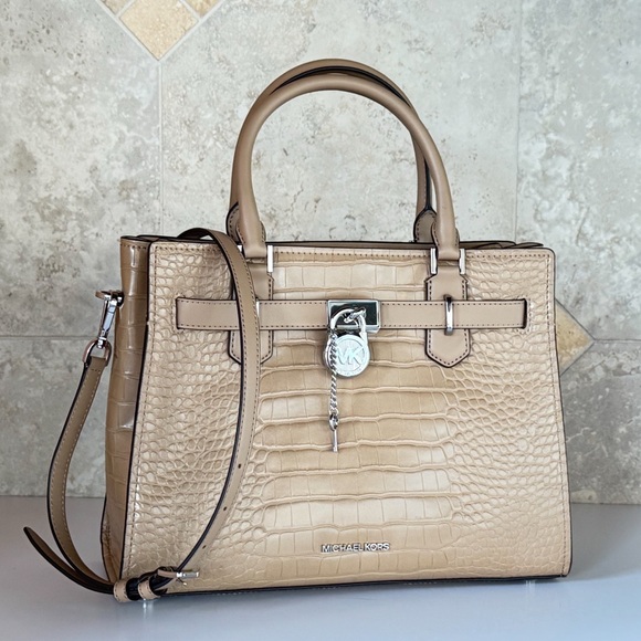 Michael Kors Hamilton MD Crocodile-Embossed Shoulder Bag Camel - Picture 3 of 14